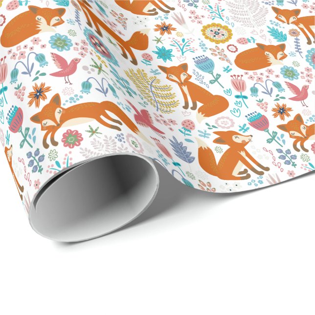 Cute Colourful Foxes Flowers And Birds Pattern Wrapping Paper (Roll Corner)