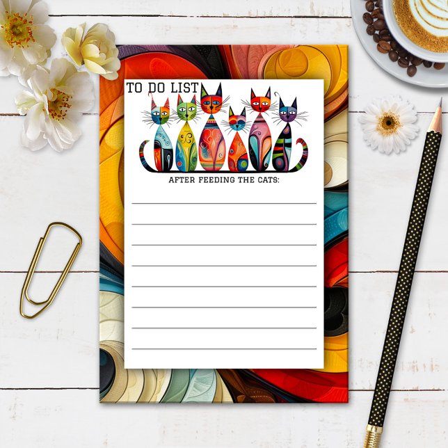 Cute Colourful Funny Cat To Do List Post-it Notes (Funny lined post it notes featuring a cute and colorful design with artistic cats)