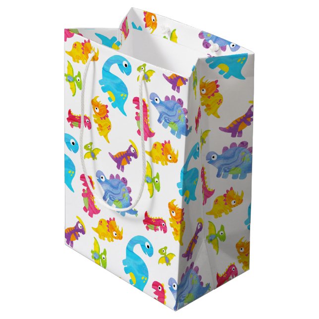 Cute Colourful Funny Unisex White Baby Dinosaur Medium Gift Bag (Back Angled)