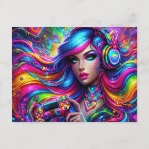 Cute colourful gamer girl  postcard