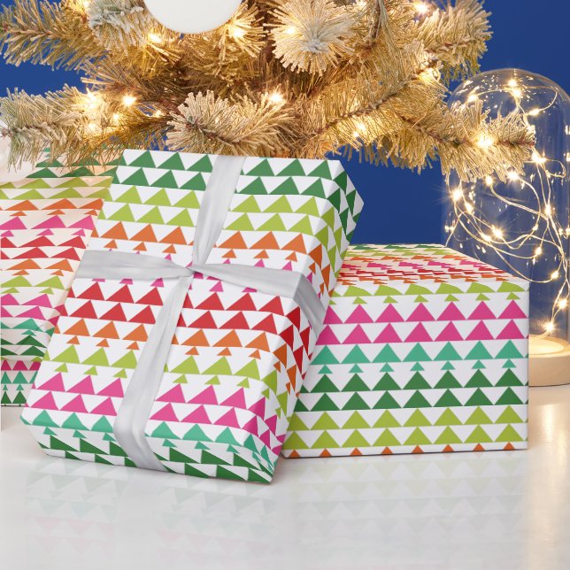 Cute Colourful Geometric Christmas Trees Red Pink Wrapping Paper (Holidays)