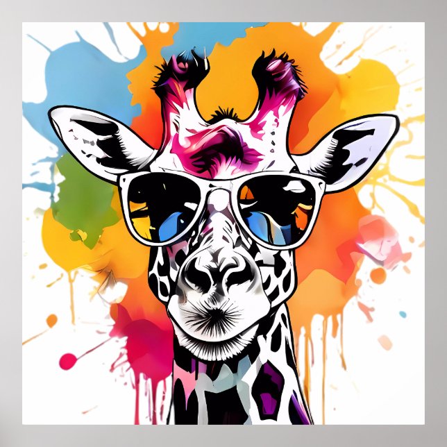 Cute colourful Giraffa with sunglasses splash Poster (Front)
