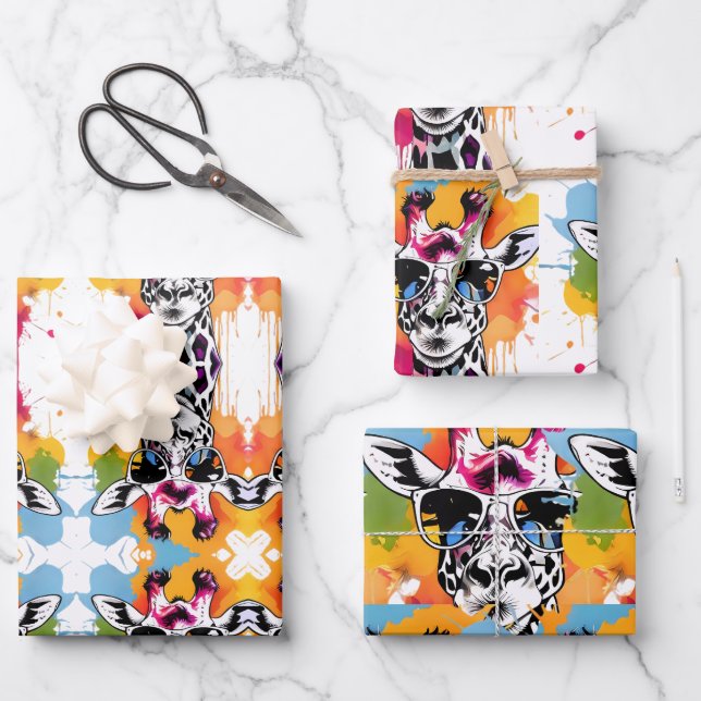 Cute colourful Giraffa with sunglasses splash Wrapping Paper Sheet (Front)