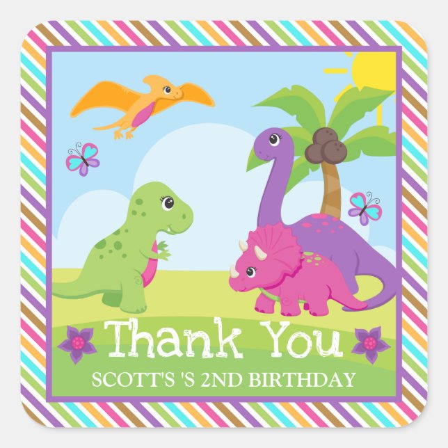 Cute Colourful Girl Dinosaur Friends Birthday Square Sticker (Front)