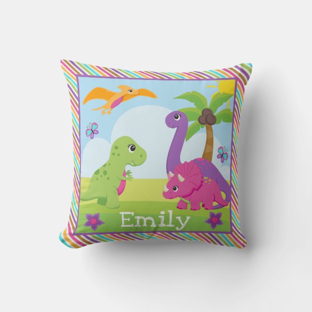 Cute Colourful Girl Dinosaur Friends Kids  Cushion (Front)