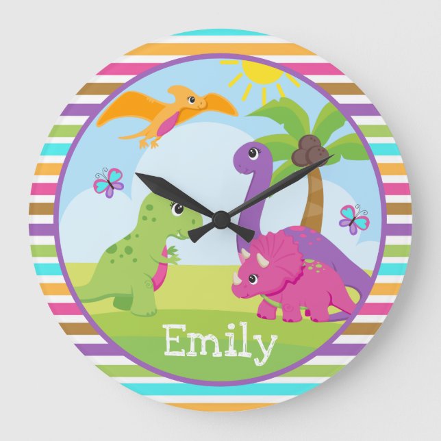 Cute Colourful Girl Dinosaur Friends Kids Large Clock (Front)