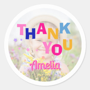 Cute Colourful Girl Photo Birthday Thank you Classic Round Sticker