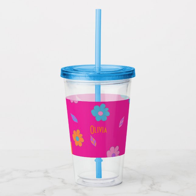 Cute Colourful Girls Retro Flower Acrylic Tumbler (Front)