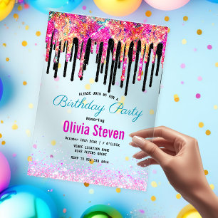 Cute colourful glitter drips birthday monogram acrylic invitations