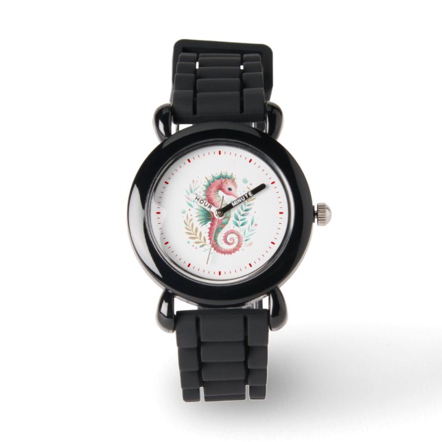Cute Colourful Glittery Seahorse Illustration Watch (Front)