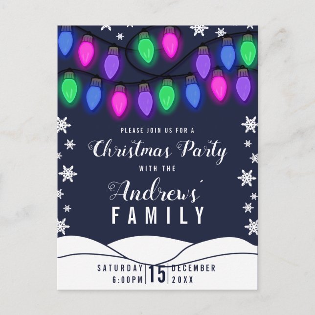 Cute Colourful Glowing Hanging Lights Christmas Invitation Postcard (Front)