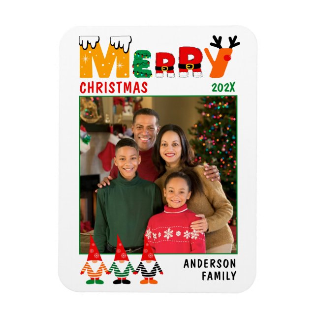 Cute Colourful Gnomes Merry Christmas Family Photo Magnet (Vertical)