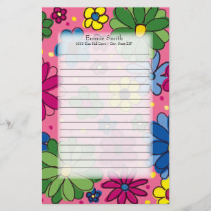 Cute Colourful Green Pink Blue Flowers on Pink Stationery
