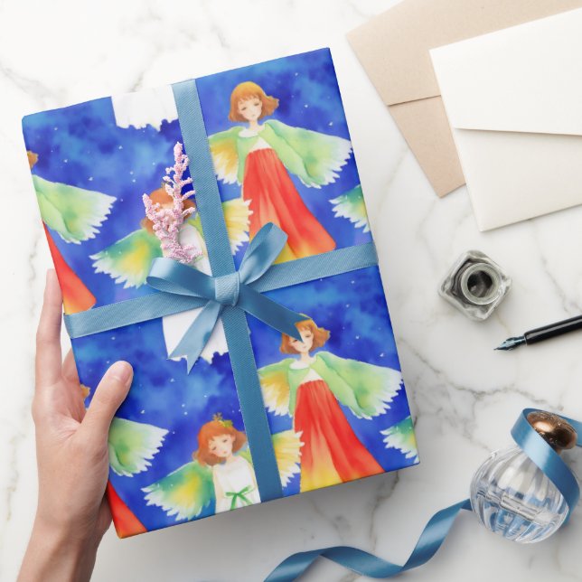 Cute Colourful Guardian Angel Christmas Watercolor Wrapping Paper (Gifting)