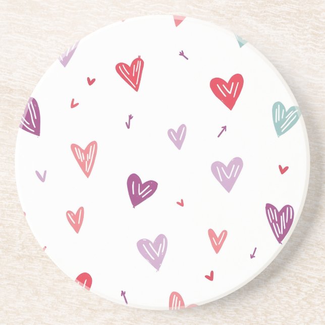 Cute Colourful Hand-Drawn Hearts Sandstone Coaster (Front)