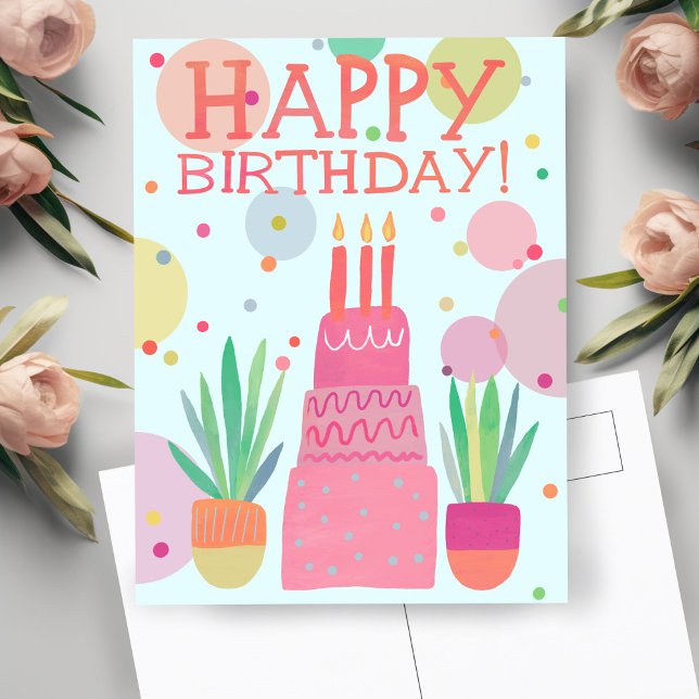 Cute Colourful Happy Birthday Cake Pink Bold Pop Postcard (Cute Colorful Happy Birthday Cake Pink Bold Pop Postcard
)