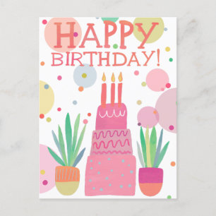 Cute Colourful Happy Birthday Cake Pink Bold Pop Postcard