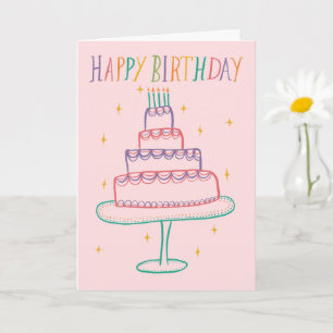 Cute Colourful Happy Birthday Cake Sketch Doodle Card