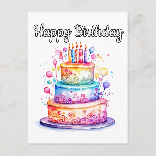 Cute Colourful Happy Birthday Party Cake Postcard (Front)
