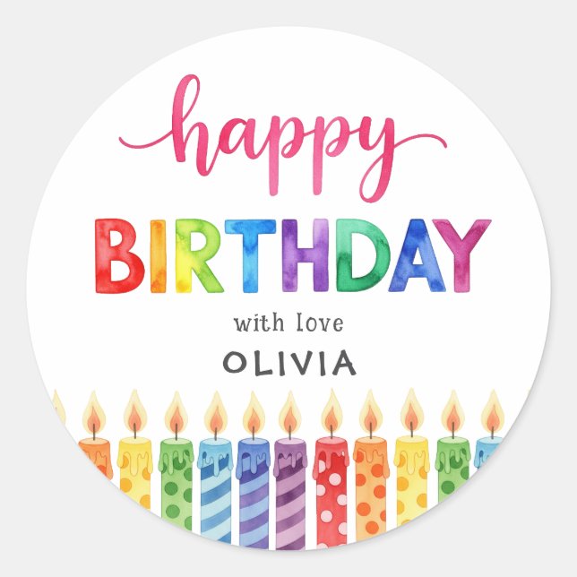 Cute colourful Happy Birthday watercolor  Classic Round Sticker (Front)