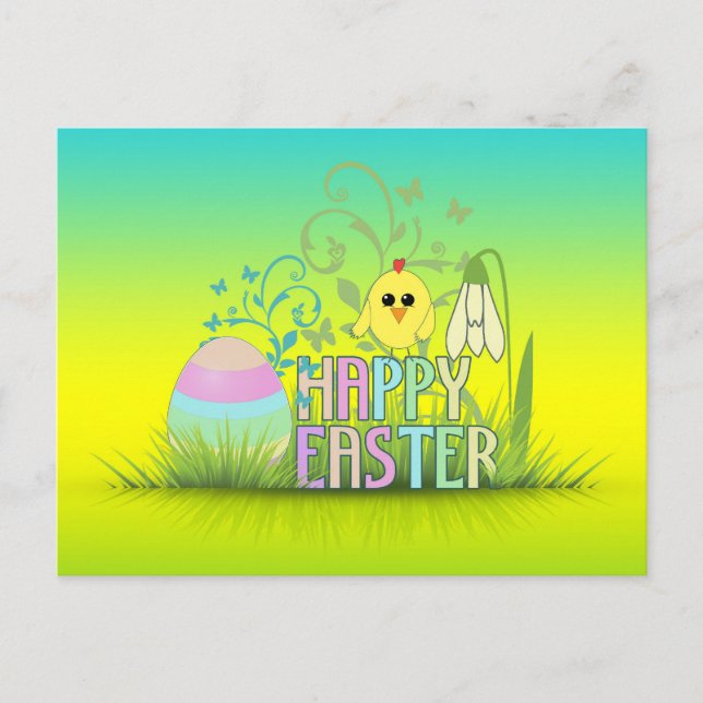 Cute Colourful Happy Easter Egg, Chick and Snowdro Holiday Postcard (Front)