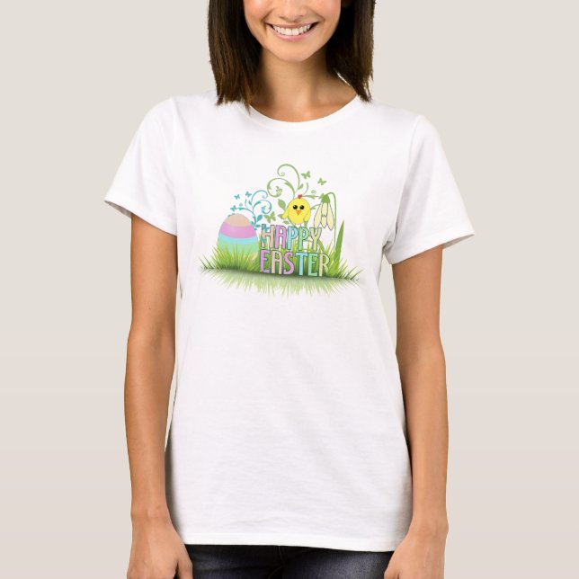 Cute Colourful Happy Easter Egg, Chick and Snowdro T-Shirt (Front)