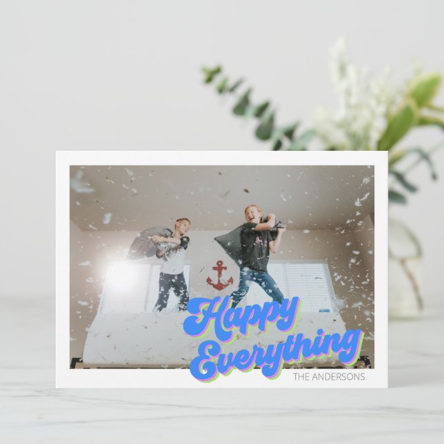Cute Colourful Happy Everything Typography Photo Holiday Card (Standing Front)