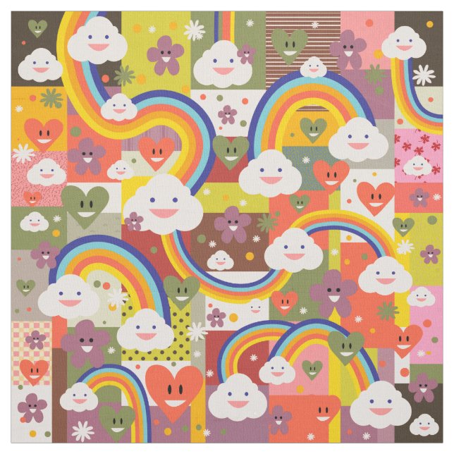 Cute colourful harajuku illustration pattern fabric (Swatch)