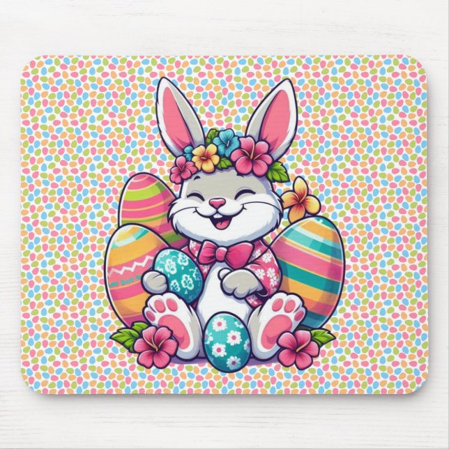 Cute,  & colourful Hawaiian/tropical Easter bunny Mouse Mat (Front)