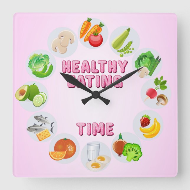 Cute & Colourful Healthy Eating Time Square Wall Clock (Front)