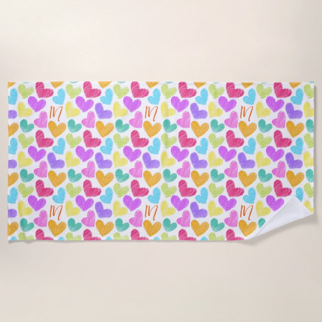 Cute Colourful Heart Pastel Valentine Love Monogra Beach Towel (Front)
