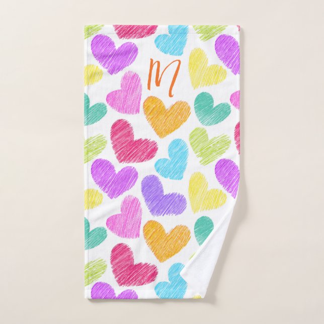 Cute Colourful Heart Pastel Valentine Love Monogra Hand Towel (Hand Towel)