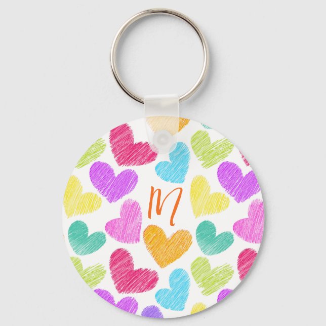Cute Colourful Heart Pastel Valentine Love Monogra Key Ring (Front)