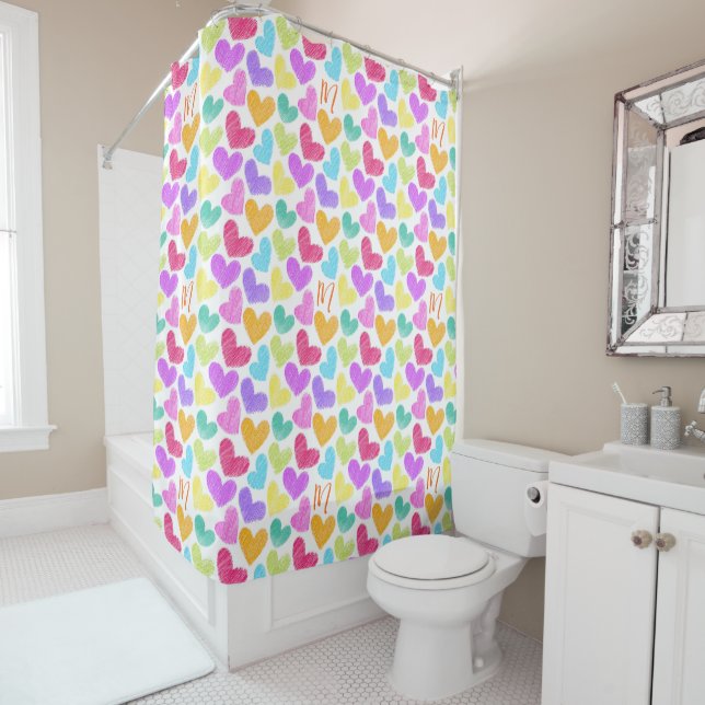 Cute Colourful Heart Pastel Valentine Love Monogra Shower Curtain (In Situ)