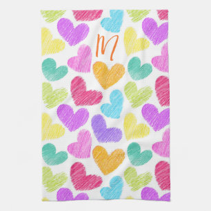 Cute Colourful Heart Pastel Valentine Love Monogra Tea Towel