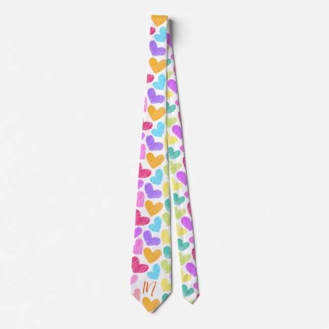 Cute Colourful Heart Pastel Valentine Love Monogra Tie (Front)