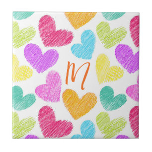 Cute Colourful Heart Pastel Valentine Love Monogra Tile