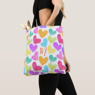 Cute Colourful Heart Pastel Valentine Love Monogra Tote Bag