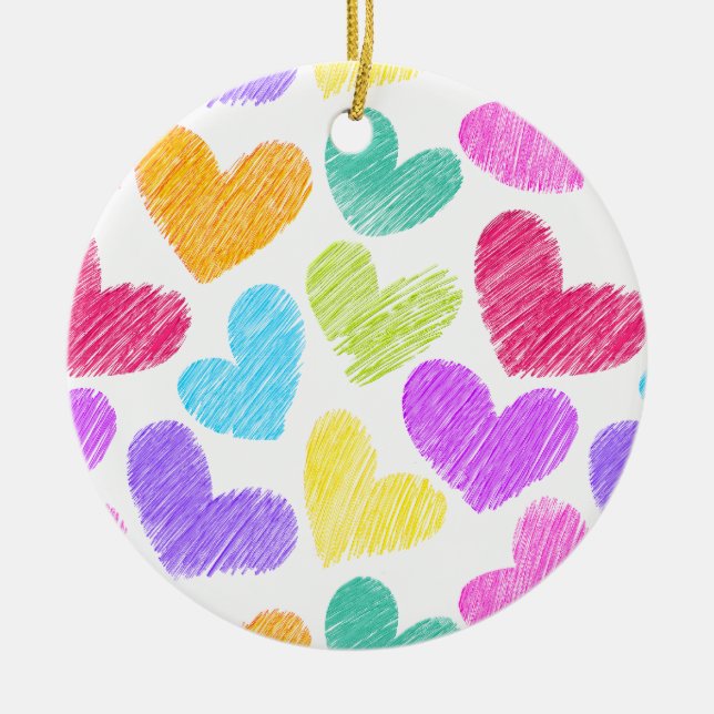 Cute Colourful Heart Pastel Valentine Love Pattern Ceramic Tree Decoration (Front)