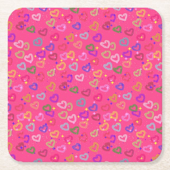 Cute Colourful Heart  Square Paper Coaster (Front)