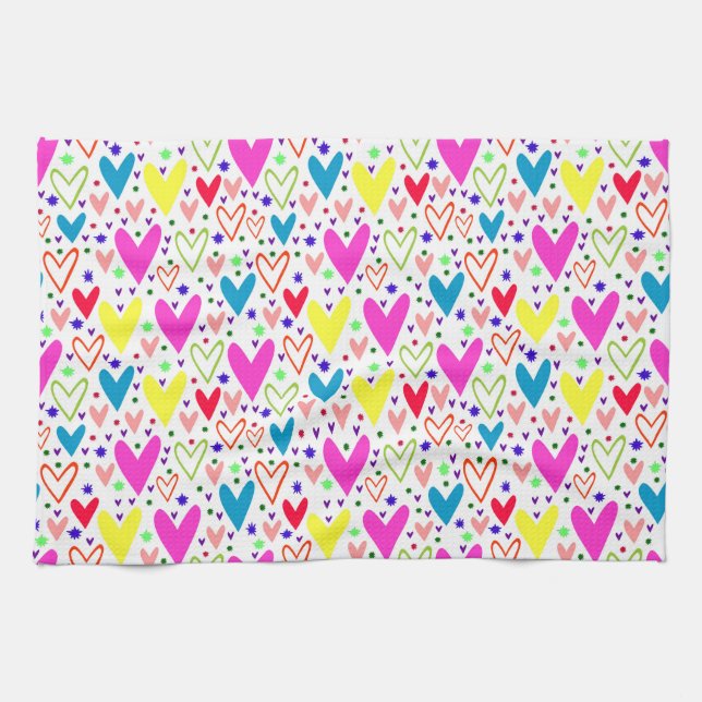 Cute colourful hearts pattern tea towel (Horizontal)