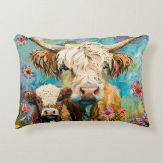 Cute colourful highland cow and calf in a meadow decorative cushion