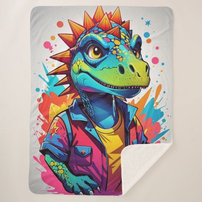 Cute Colourful Hipster Dragon Sherpa Blanket (Front)
