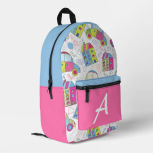 Cute Colourful Houses Monogram Back To School Back Printed Backpack