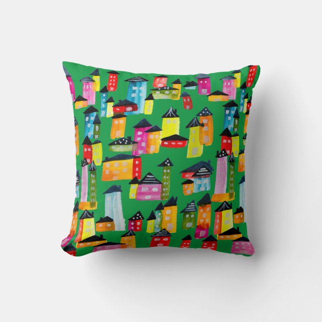 Cute colourful houses watercolor art cushion (Front)