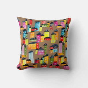 Cute colourful houses watercolor art cushion