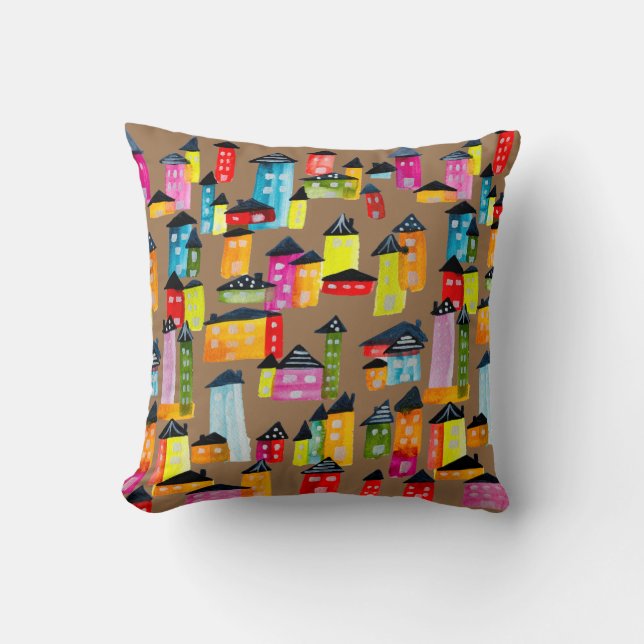 Cute colourful houses watercolor art cushion (Front)