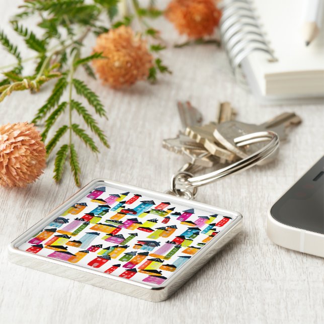 Cute colourful houses watercolor art key ring (Side)