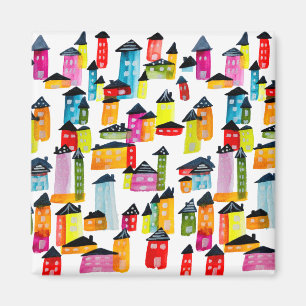 Cute colourful houses watercolor art magnet