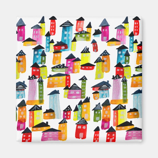 Cute colourful houses watercolor art magnet (Front)